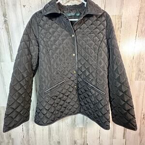 Lauren Ralph Lauren Quilted Jacket | Black | Faux Leather Trim | Snap | Size M